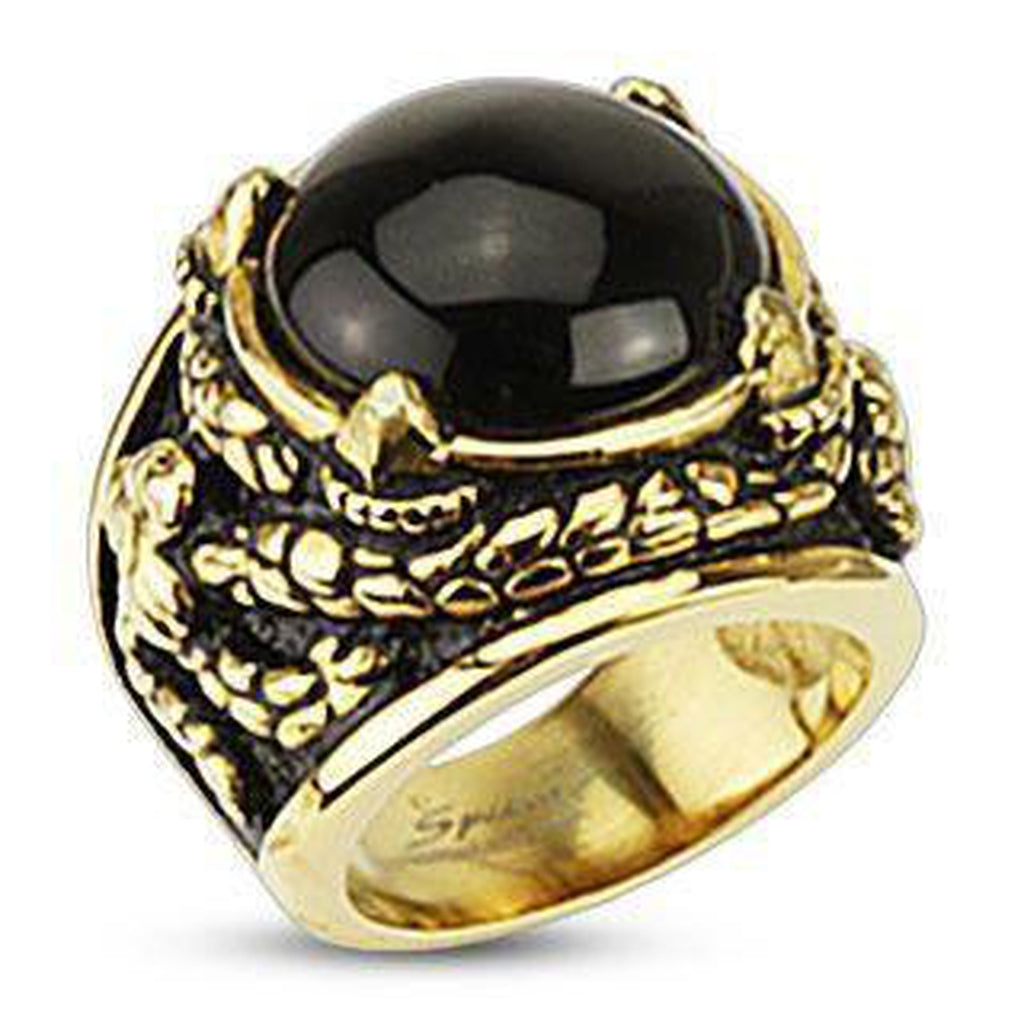 Dragon Claws Holding Onyx Stone Gold IP Steel Ring-Spikes-Dark Fashion Clothing