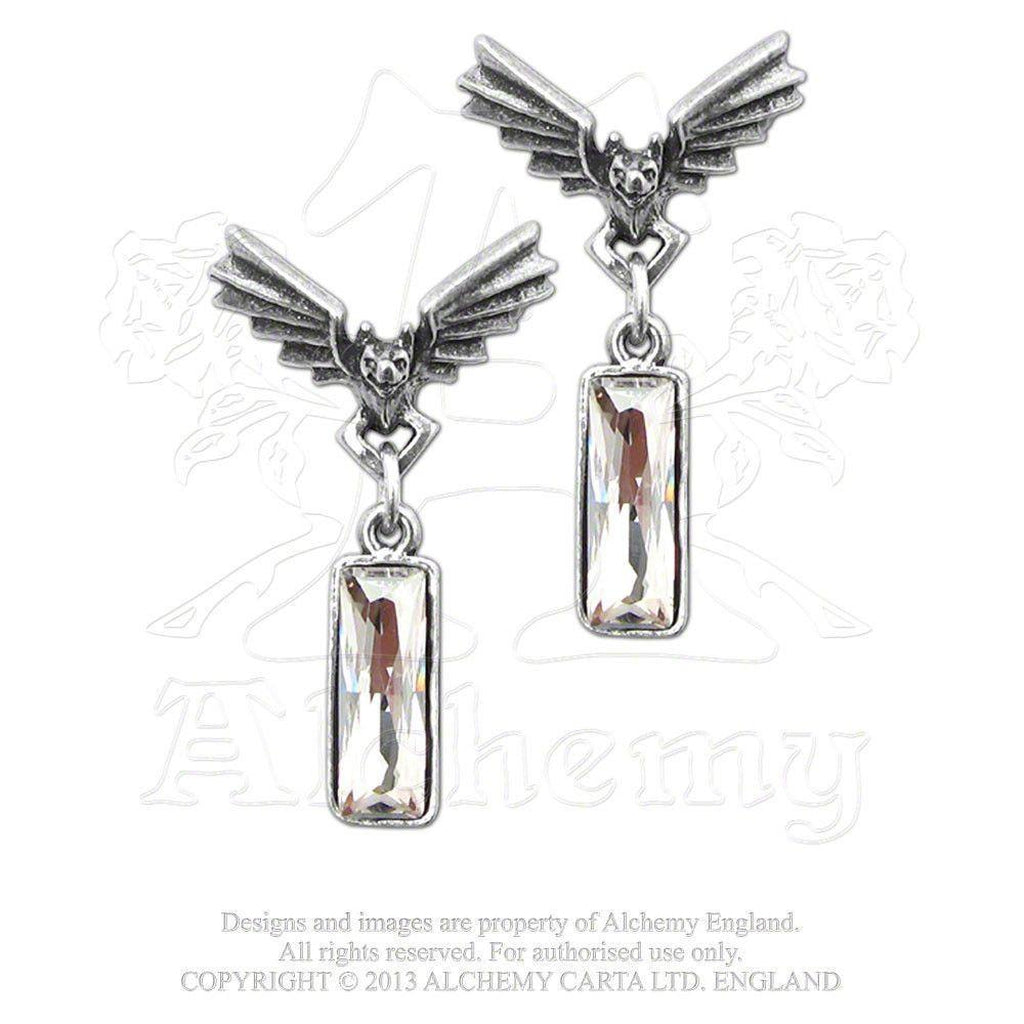 Flying Bat Crystal Stud Earrings – Pewter-Alchemy-Dark Fashion Clothing