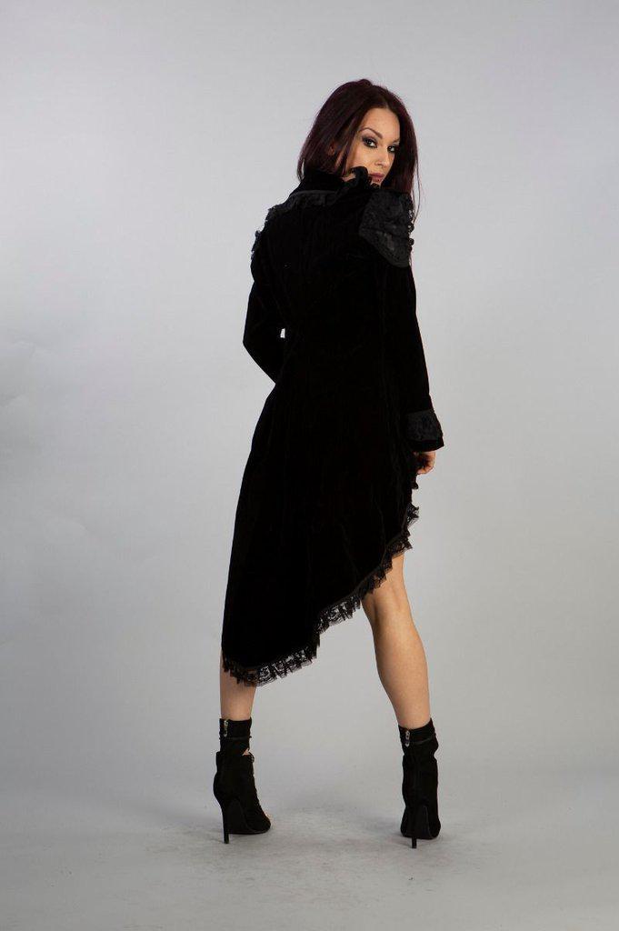 Frederica Coat In Black Velvet Flock And Lace Details-Burleska-Dark Fashion Clothing