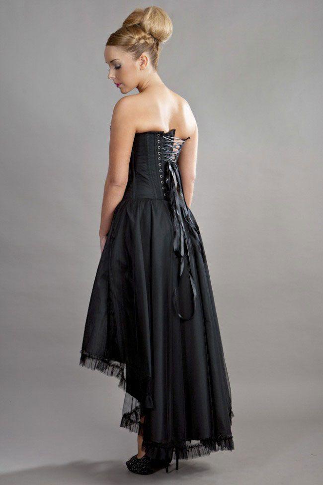 Geneva Hi-low Prom Corset Dress In Black Taffeta And Black Mesh Overlay-Burleska-Dark Fashion Clothing