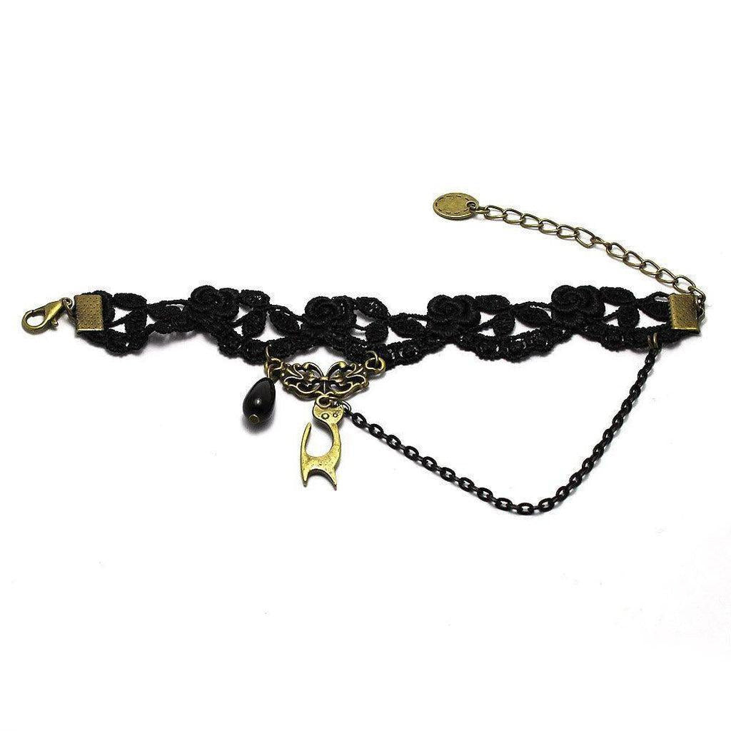 Goth Bracelet - Lace With Cat and Bead Charms-Badboy-Dark Fashion Clothing