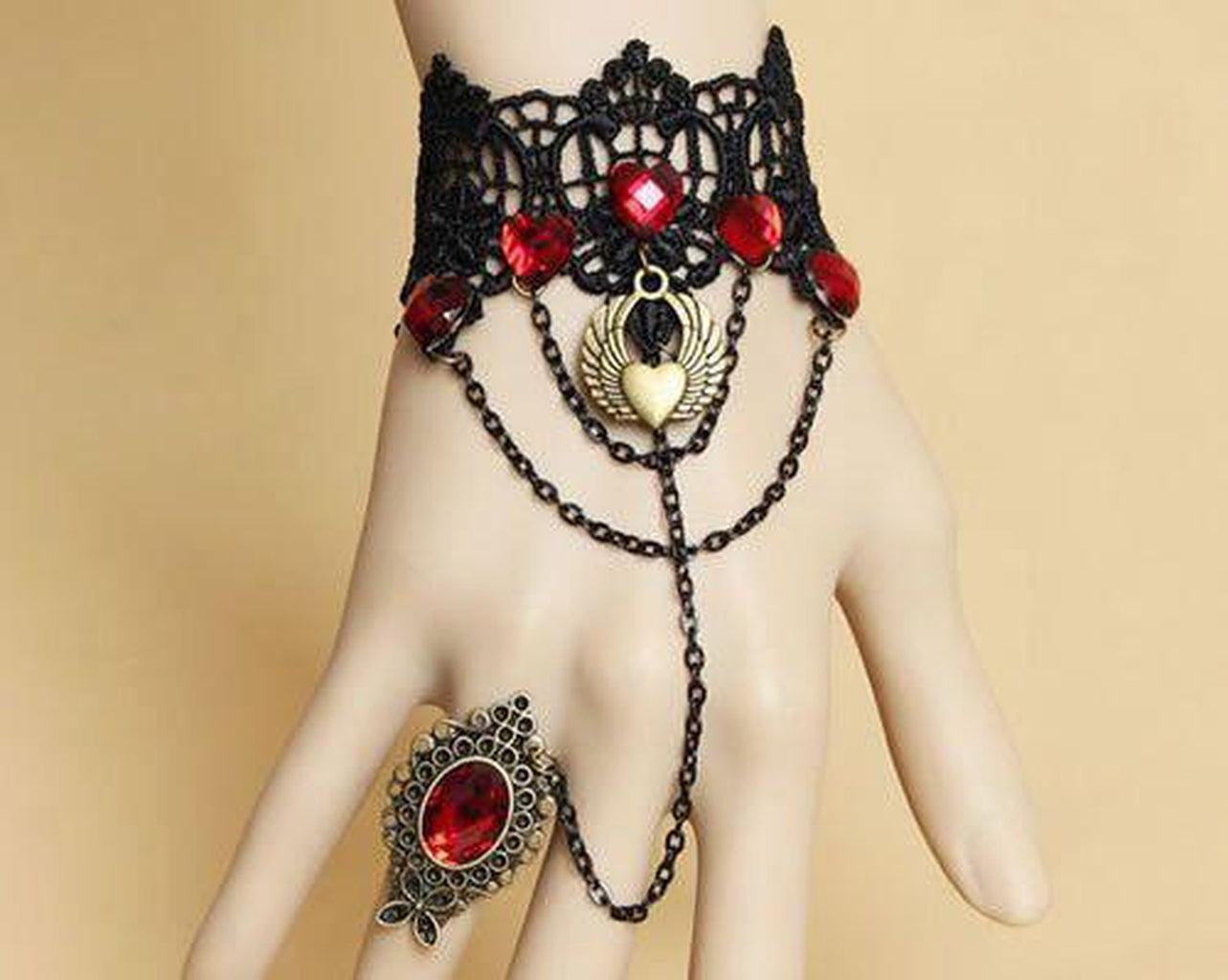 Goth Lace Bracelet With Red Stones And Ring-Badboy-Dark Fashion Clothing