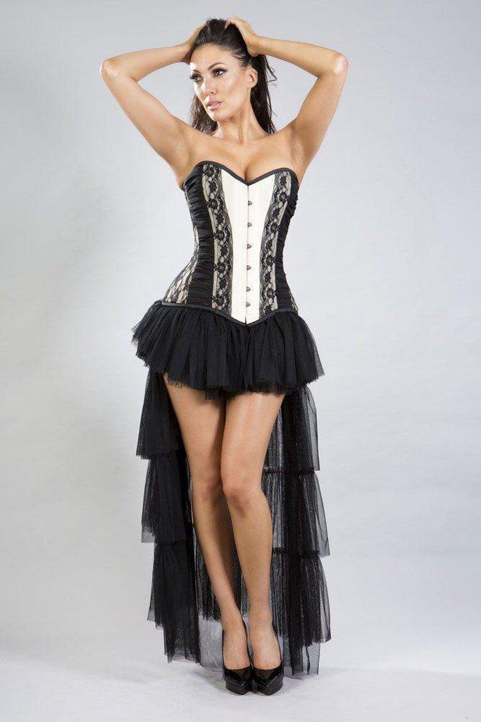 Helena Overbust Long Line Corset In Taffeta & Black Lace And Chiffon-Burleska-Dark Fashion Clothing
