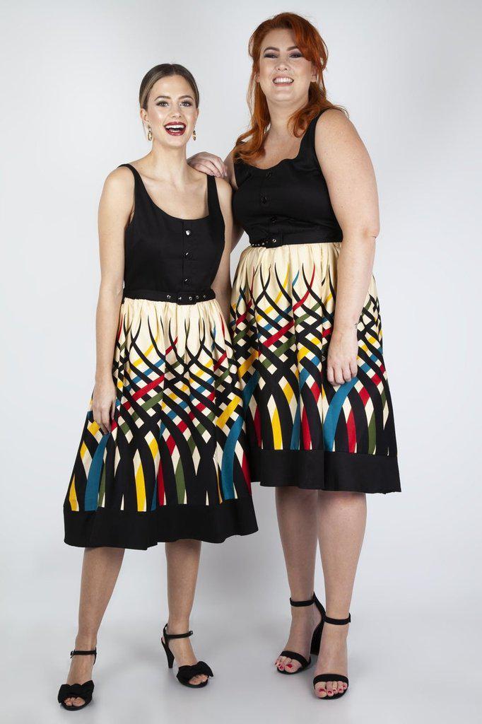 Jean Border Print Flared Dress-Voodoo Vixen-Dark Fashion Clothing