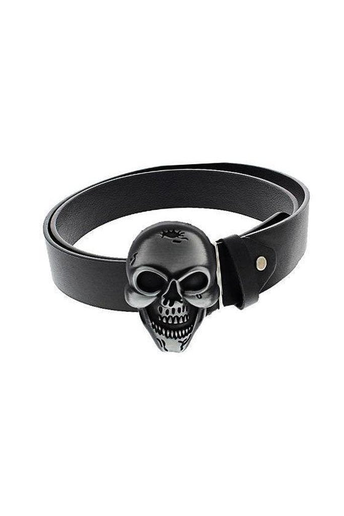 Large Skull Buckle Black Vegan Leather Belt - Arthur-Dr Faust-Dark Fashion Clothing