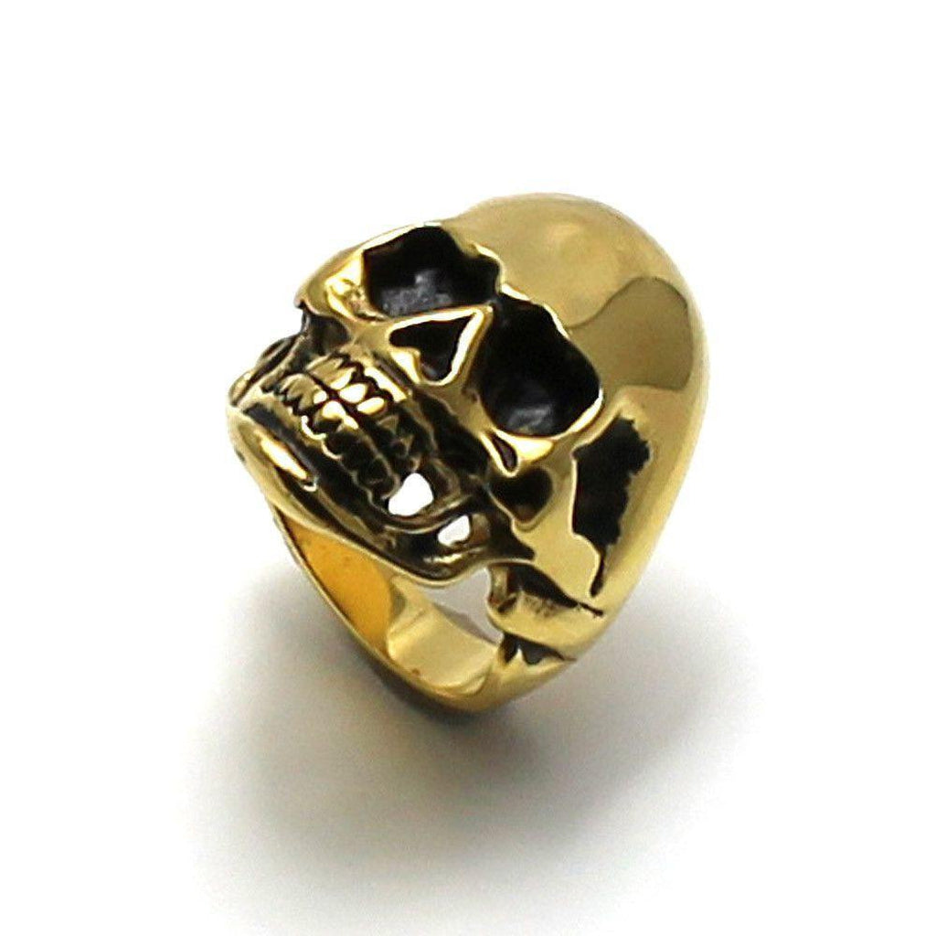 Large Steel Skull Ring With Gold Ion Plating-Badboy-Dark Fashion Clothing