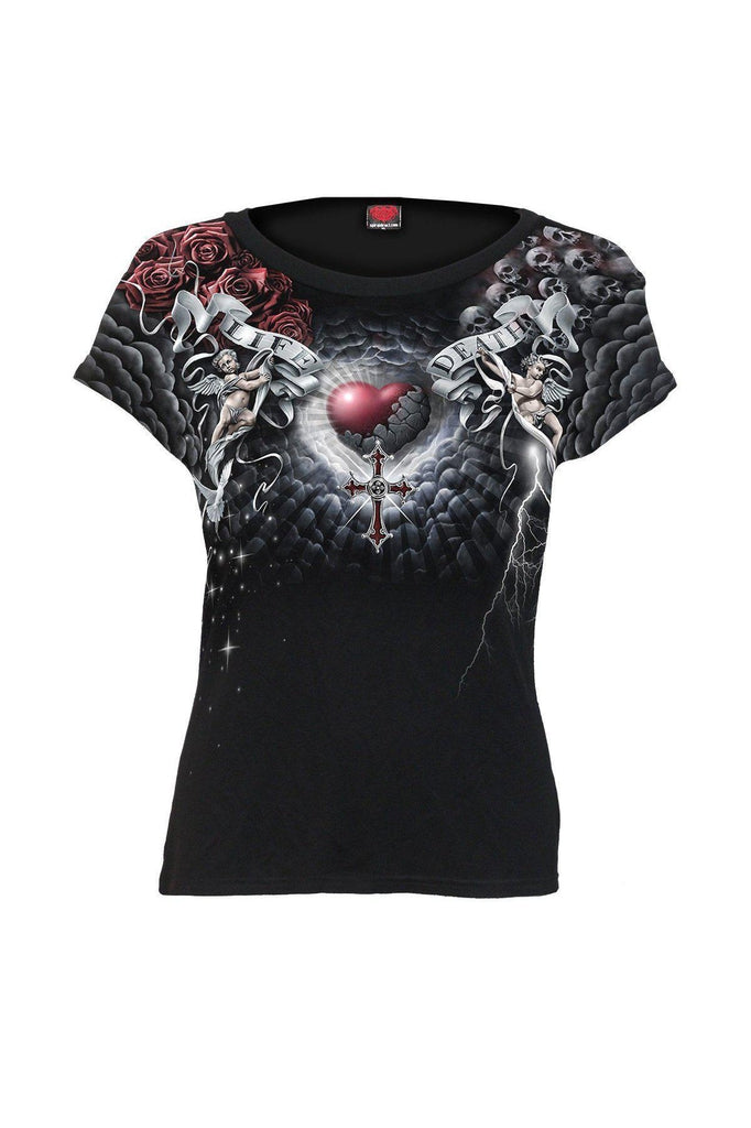 Life And Death Cross - Allover Cap Sleeve Top Black-Spiral-Dark Fashion Clothing