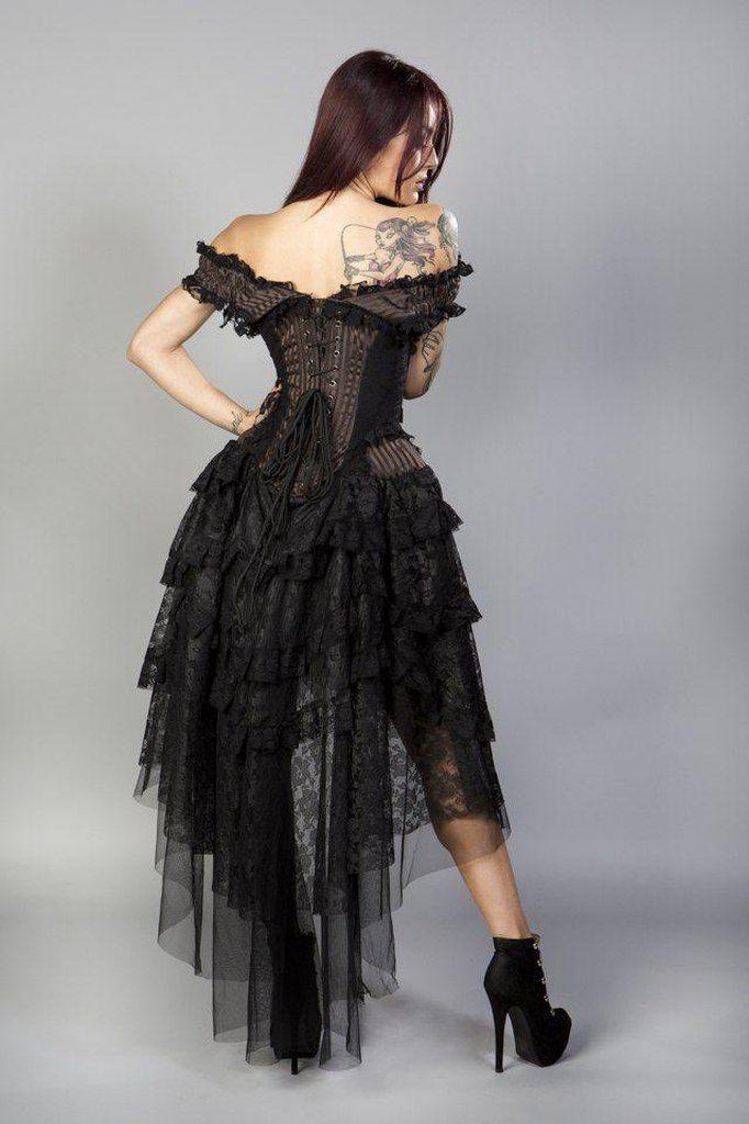 Ophelie Burlesque Corset Dress In Brown Stripe Brocade Black Lace-Burleska-Dark Fashion Clothing