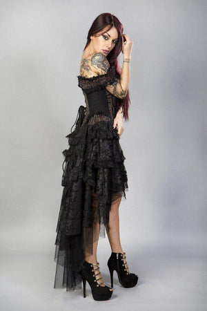 Ophelie Burlesque Corset Dress In Brown Stripe Brocade Black Lace-Burleska-Dark Fashion Clothing