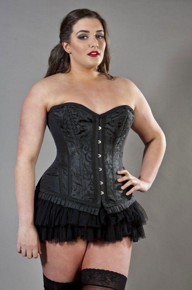 Petra Overbust Plus Size Steel Boned Corset In Scroll Brocade-Burleska-Dark Fashion Clothing