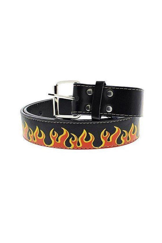 Printed Flame Black Vegan Leather Belt - Markus-Dr Faust-Dark Fashion Clothing