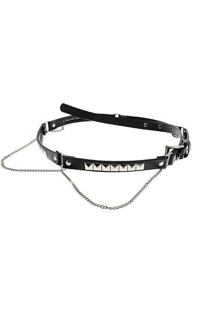 Pyramids & Hanging Chain Black Leather Belt - Kabir-Dr Faust-Dark Fashion Clothing