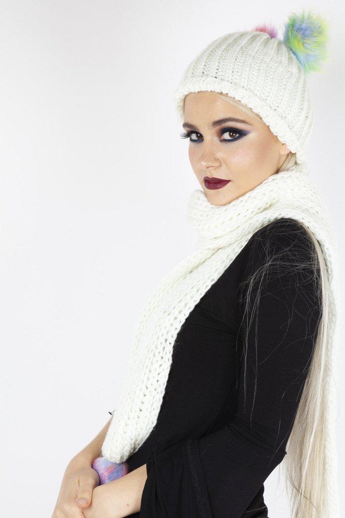 Rainbow Pom Pom Scarf & Hat Set-Jawbreaker-Dark Fashion Clothing