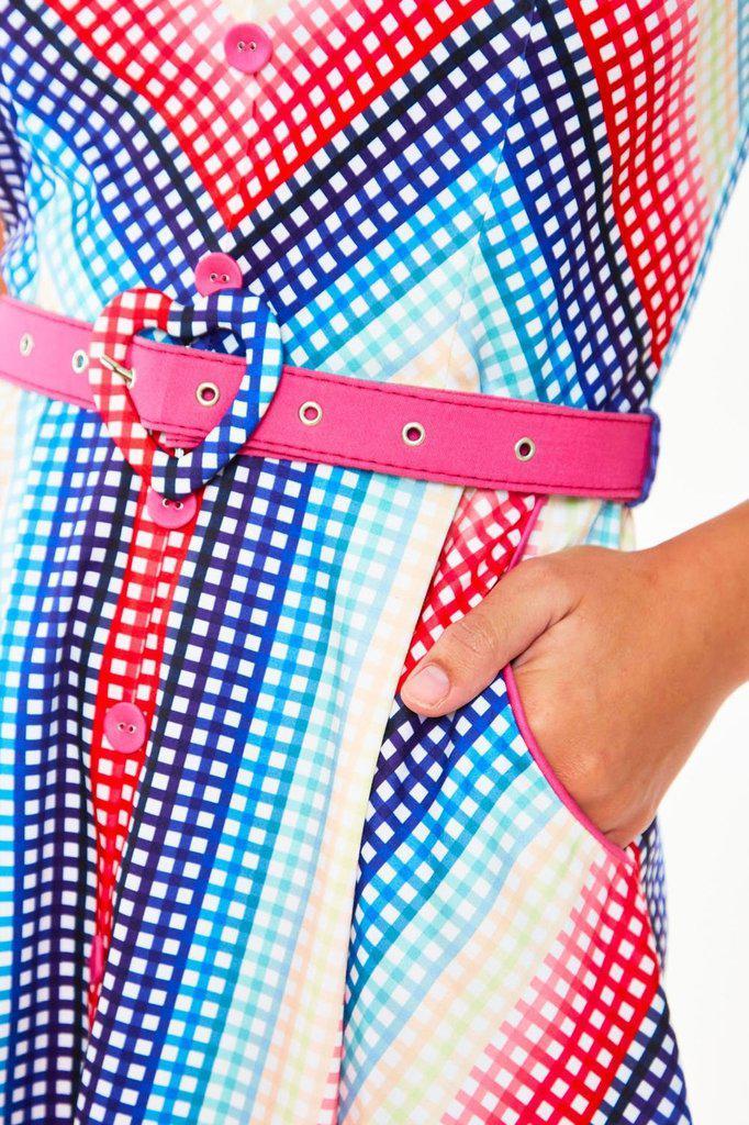 Serene Rainbow Gingham Flare Dress With Pleated Bustline-Voodoo Vixen-Dark Fashion Clothing