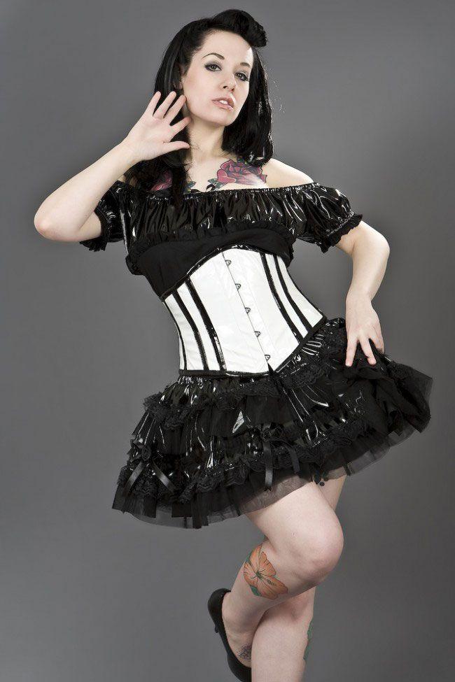 Sexy Waspie Waist Cincher Corset In PVC With Black Piping-Burleska-Dark Fashion Clothing