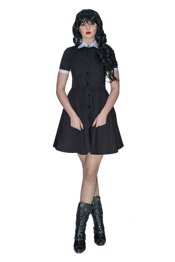 Short Sleeve Wednesday Addams Black Mini Dress - Samara-Dr Faust-Dark Fashion Clothing