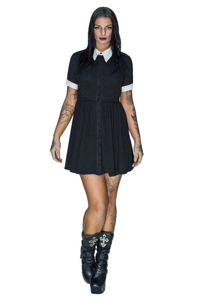 Short Sleeve Wednesday Addams Black Mini Dress - Samara-Dr Faust-Dark Fashion Clothing