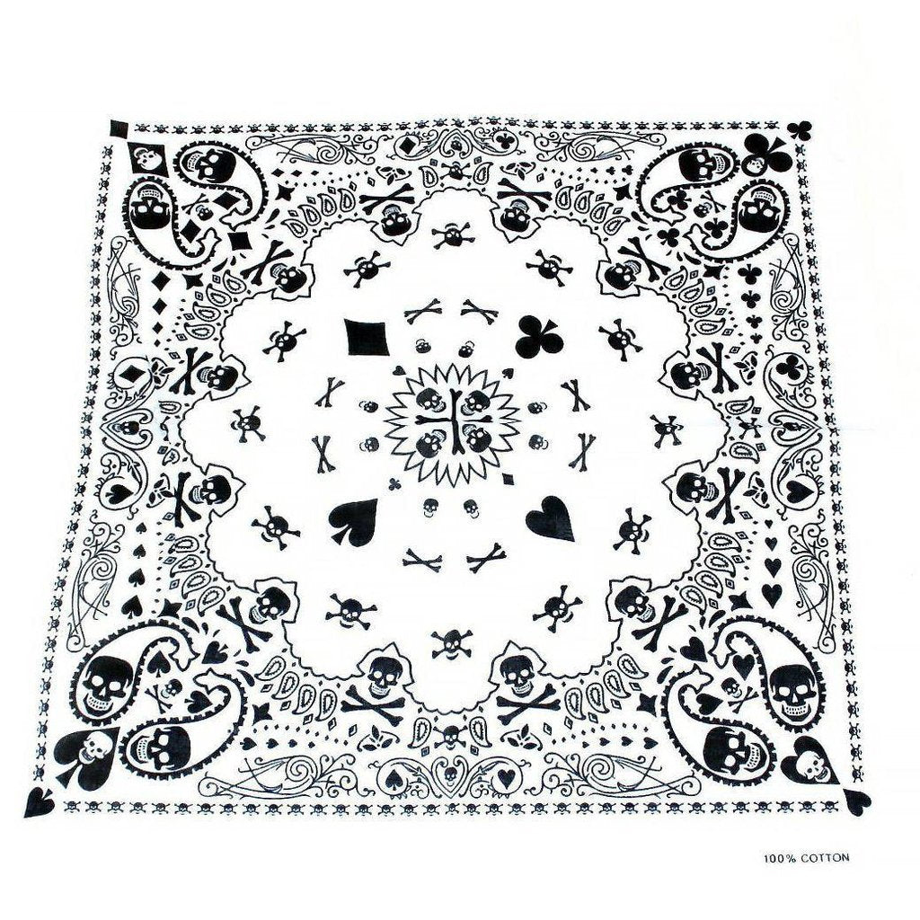 Skulls Playing Cards White Cotton Bandana - Robert-Dr Faust-Dark Fashion Clothing