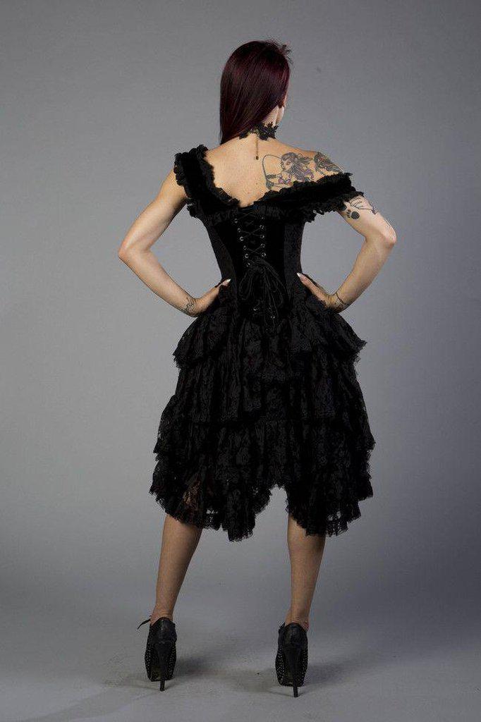 Sophia Knee Length Burlesque Corset Dress In Black Velvet Flock-Burleska-Dark Fashion Clothing