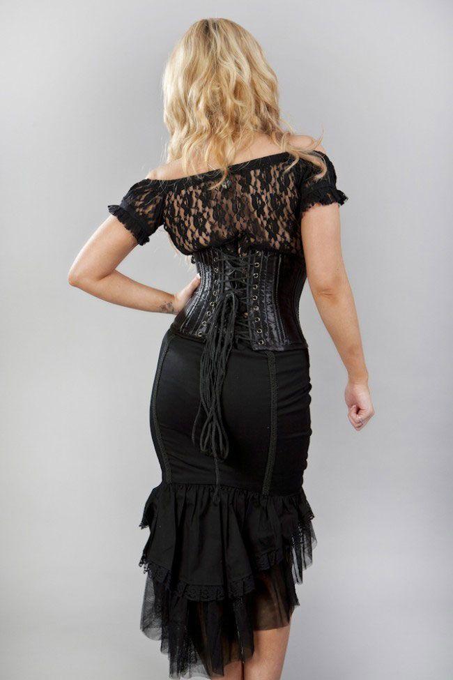 Traditional Double Steel Boned Underbust Corset In Black Satin-Burleska-Dark Fashion Clothing