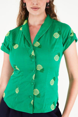 Violet Pineapple Embroidery Shirt-Voodoo Vixen-Dark Fashion Clothing