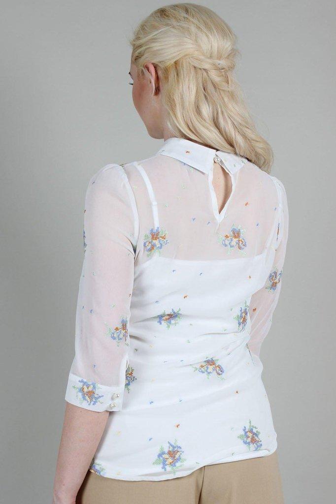 Wonder White Chiffon Floral Embroidered Blouse-Voodoo Vixen-Dark Fashion Clothing