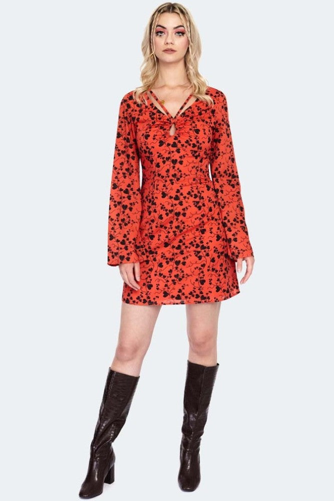 60s Bleeding Hearts Print Flare Sleeve Mini Dress