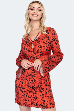 60s Bleeding Hearts Print Flare Sleeve Mini Dress