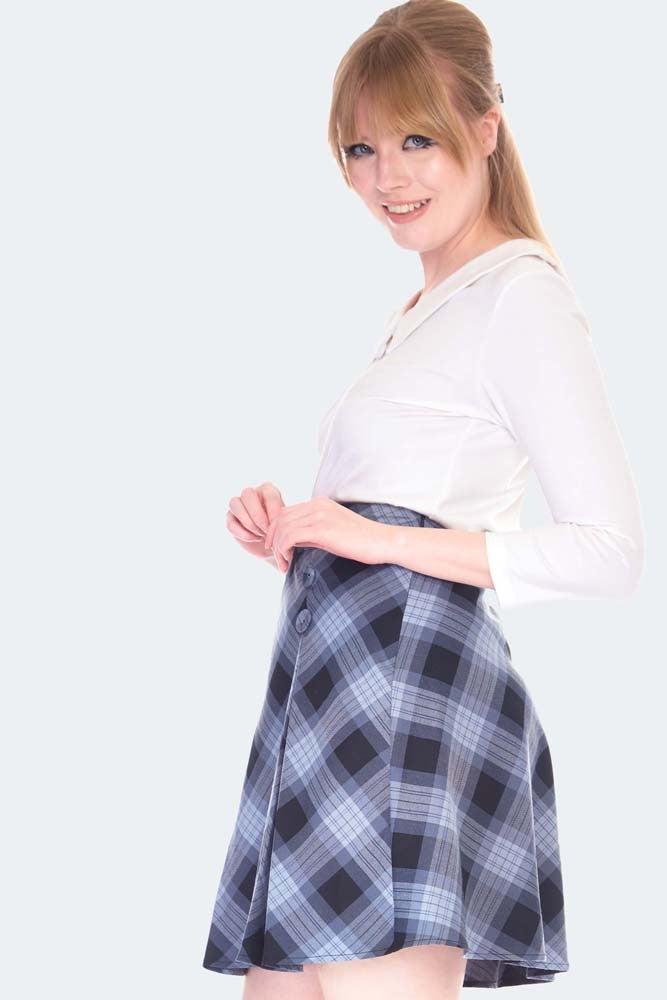 Button Detail Grey Tartan Skirt-Voodoo Vixen-Dark Fashion Clothing