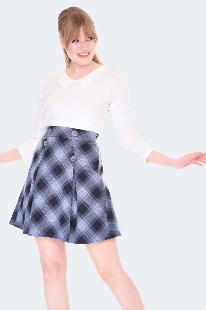 Button Detail Grey Tartan Skirt-Voodoo Vixen-Dark Fashion Clothing