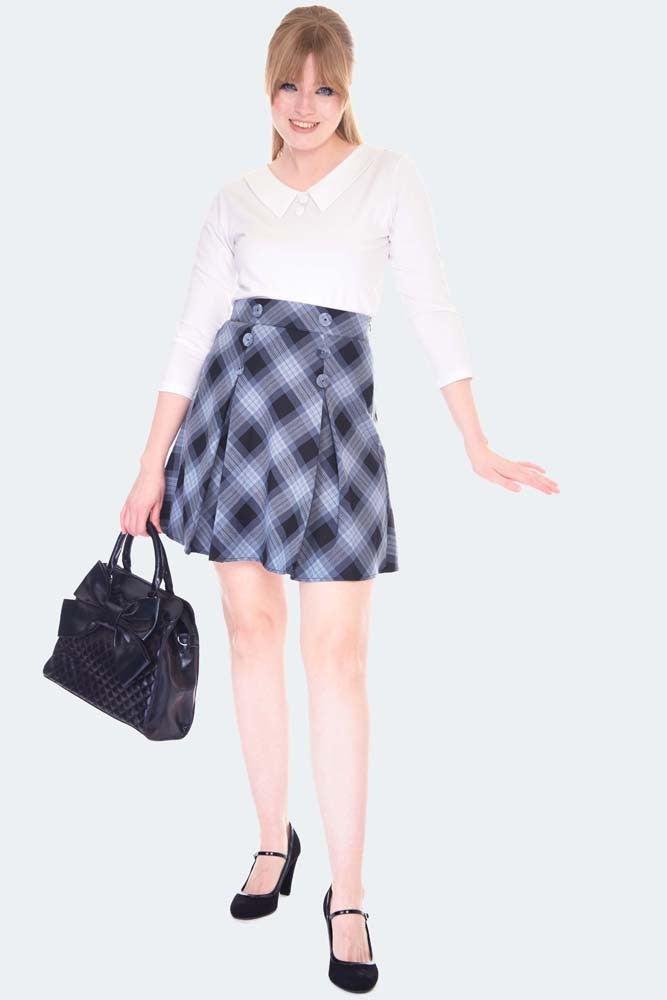 Button Detail Grey Tartan Skirt-Voodoo Vixen-Dark Fashion Clothing