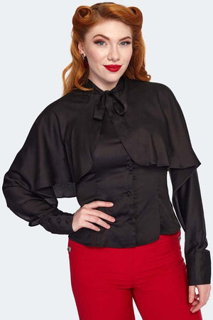 Cape Sleeve Tie Neck Blouse-Voodoo Vixen-Dark Fashion Clothing