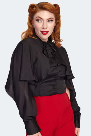 Cape Sleeve Tie Neck Blouse-Voodoo Vixen-Dark Fashion Clothing