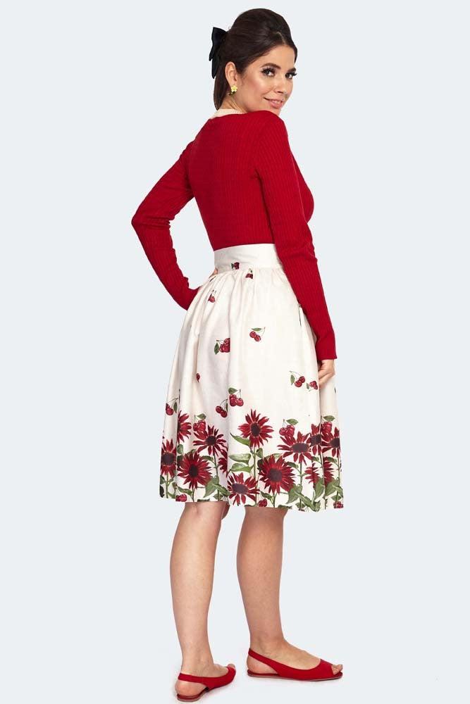 Cherry Sunflower Border Print Skirt-Voodoo Vixen-Dark Fashion Clothing