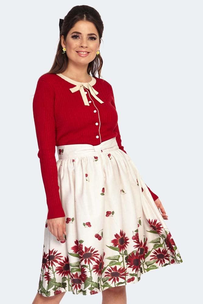 Cherry Sunflower Border Print Skirt-Voodoo Vixen-Dark Fashion Clothing