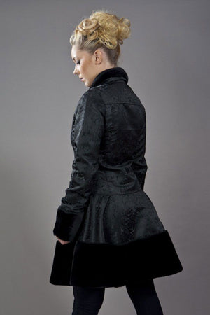 Dark Women's Coat In Black Brocade And Black Fur-Burleska-Dark Fashion Clothing