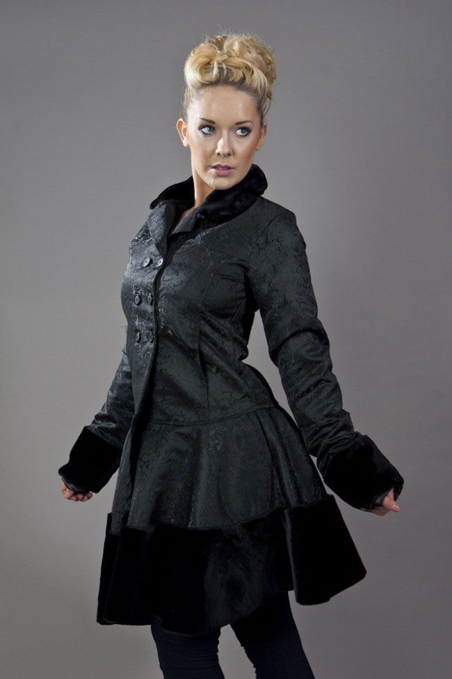 Dark Women's Coat In Black Brocade And Black Fur-Burleska-Dark Fashion Clothing