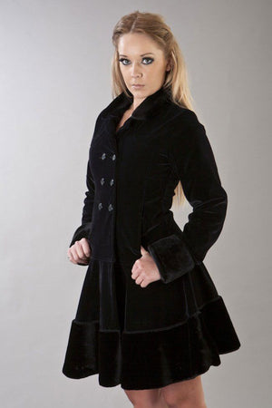 Dark Women's Coat In Black Velvet Flock And Black Fur-Burleska-Dark Fashion Clothing