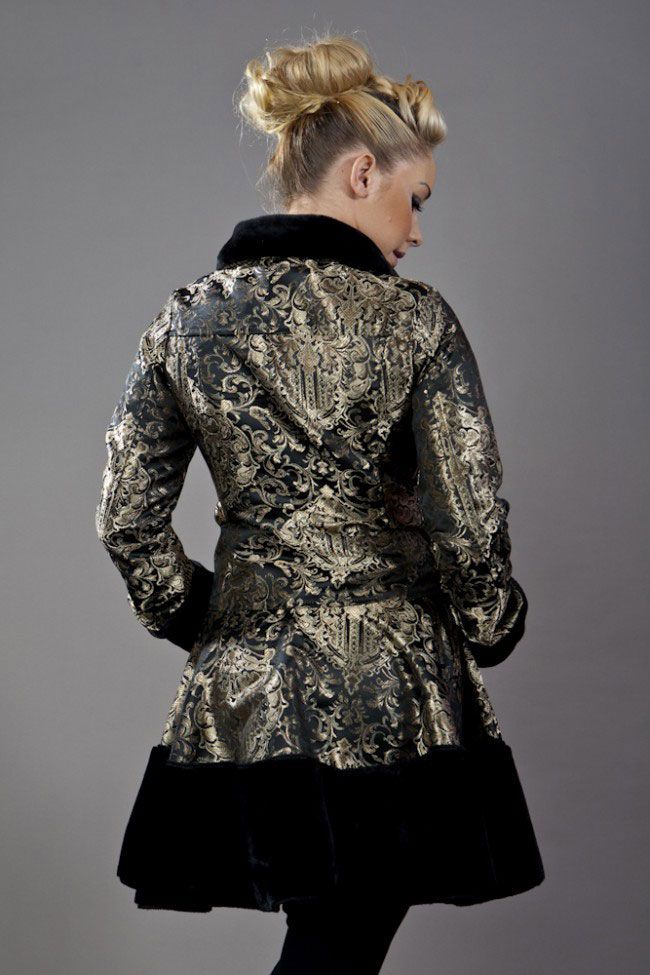 Dark Women's Coat In Gold King Brocade And Black Fur-Burleska-Dark Fashion Clothing