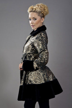 Dark Women's Coat In Gold King Brocade And Black Fur-Burleska-Dark Fashion Clothing