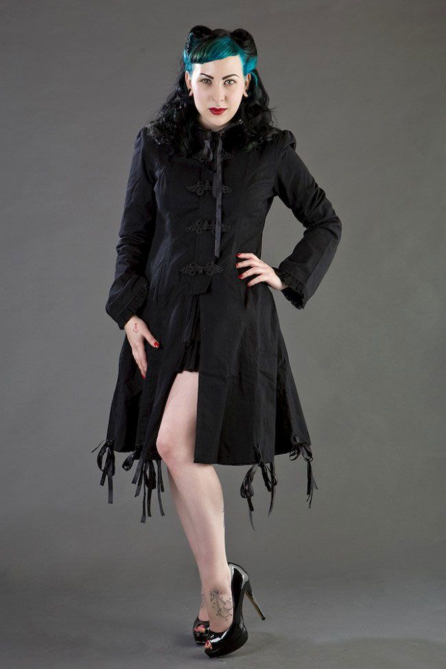 Elizabeth Ladies Gothic Coat With Hood In Black Twill-Burleska-Dark Fashion Clothing