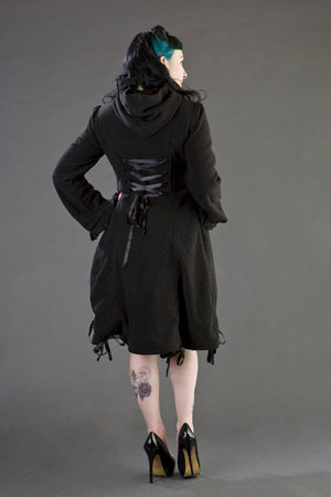 Elizabeth Women's Gothic Coat With Hood In Black Fleece-Burleska-Dark Fashion Clothing