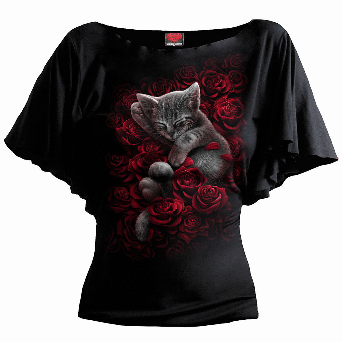 Bed of Roses (Digital Print) - Boat Neck Bat Sleeve Top Black