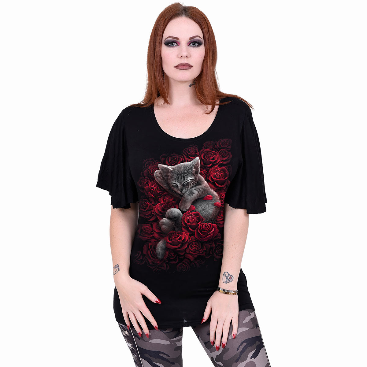 Bed of Roses (Screen Print) - Boat Neck Bat Sleeve Top Black