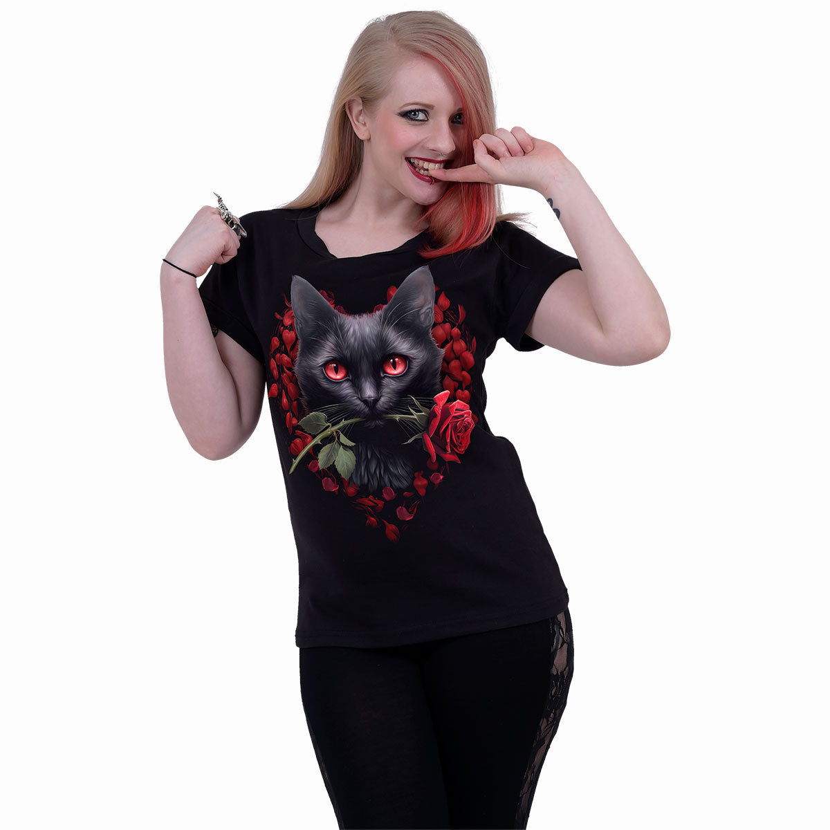 Cat's Love (Digital Print) - Boatneck Cap Sleeve Top Black