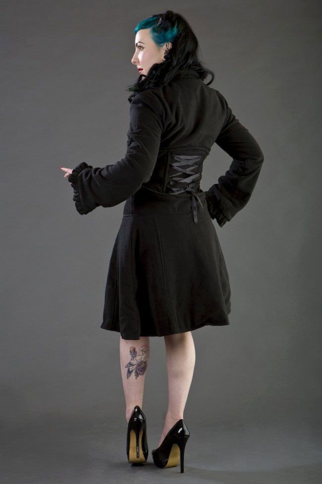 Fatal Ladies Gothic Coat With Corset Style Lacing In Black Fleece-Burleska-Dark Fashion Clothing