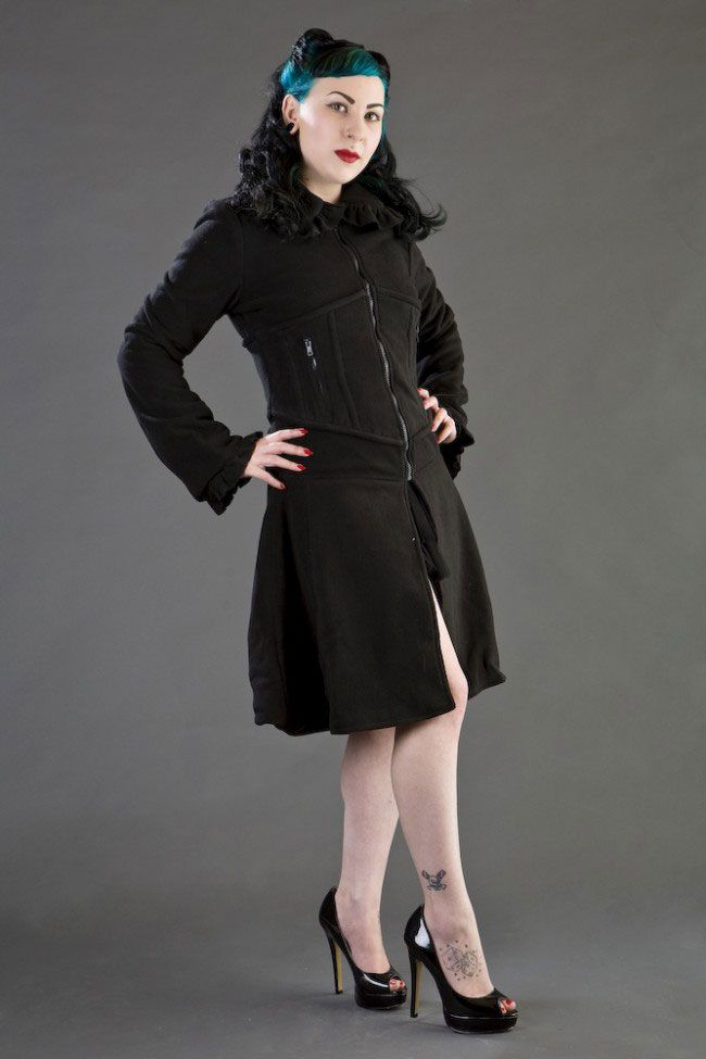 Fatal Ladies Gothic Coat With Corset Style Lacing In Black Fleece-Burleska-Dark Fashion Clothing