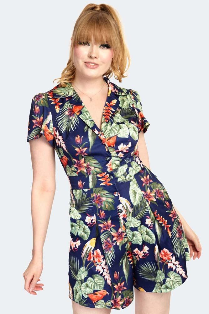 Floral Birds Printed Playsuit-Voodoo Vixen-Dark Fashion Clothing