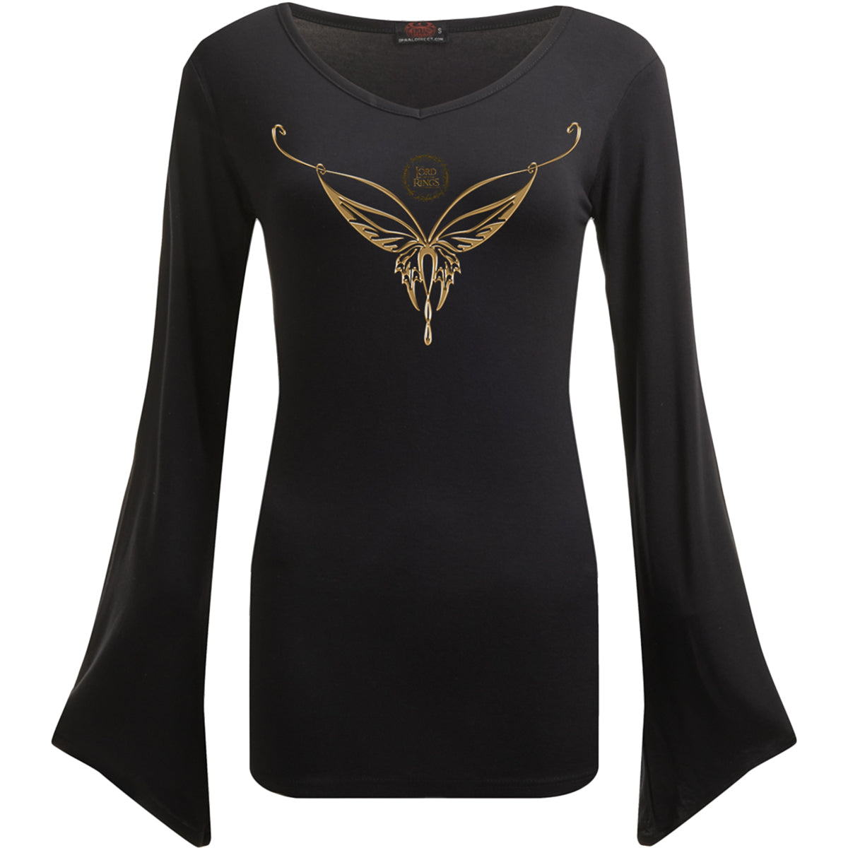 Lotr - Elven Necklace (Digital Print) - V Neck Goth Sleeve Top Black