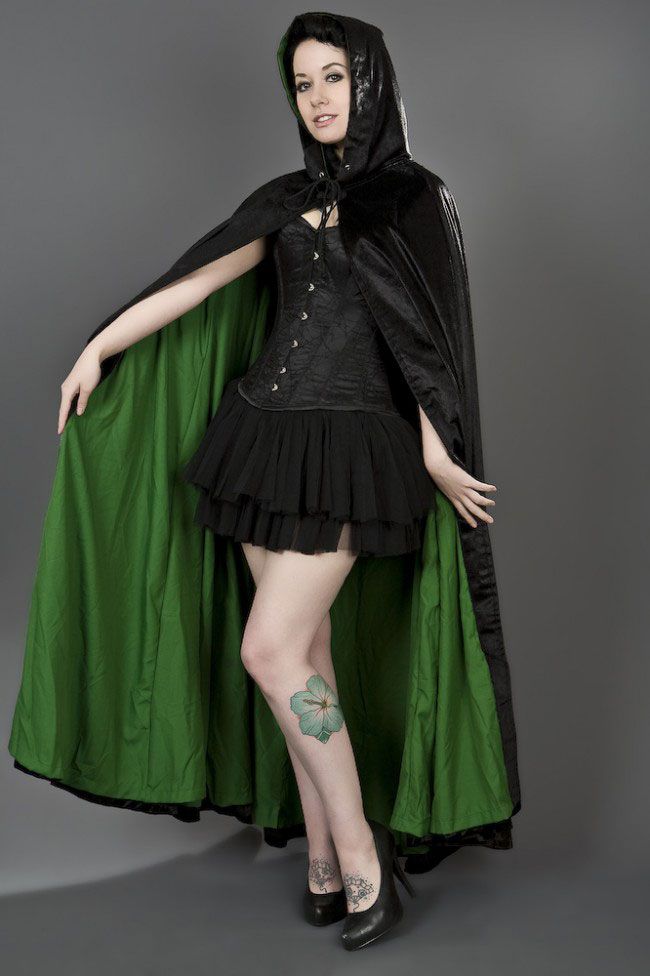Gothic Hooded Cape In Black Velvet And Satin Lining-Burleska-Dark Fashion Clothing